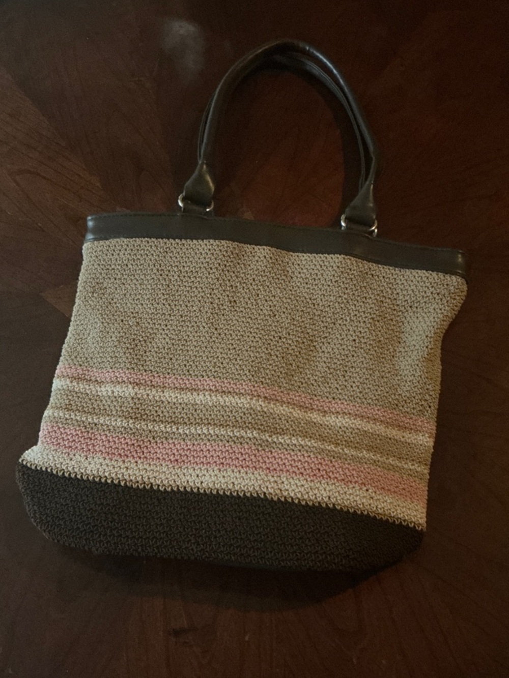 Neutral Woven Tote with Pink Stripe Accents